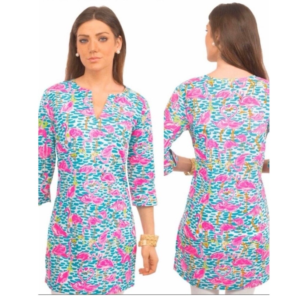 Gretchen Scott Blue Pink Flamingo Beach Tunic Dress SZ XS